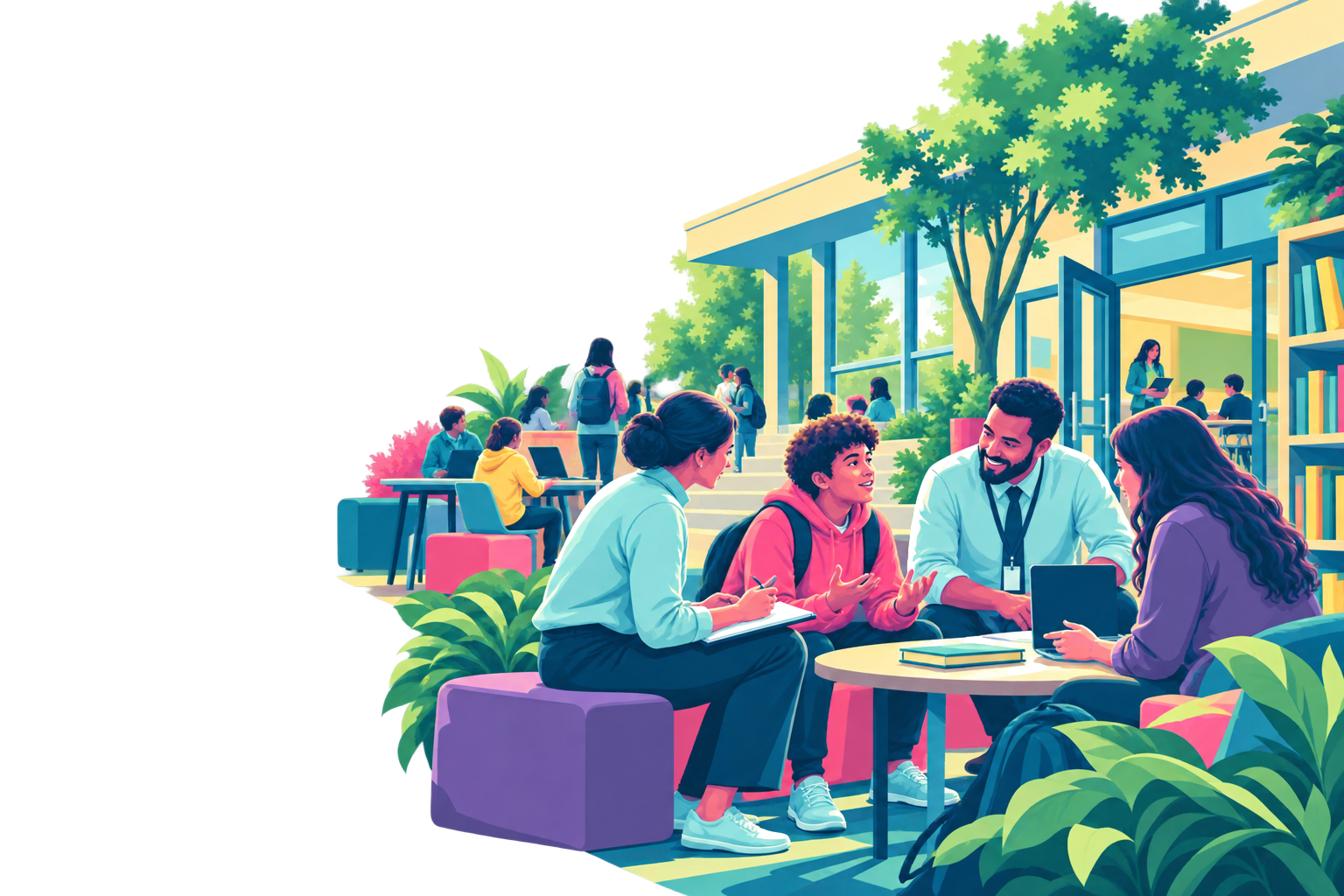 Illustration of a student and educators collaborating in a vibrant school learning community.