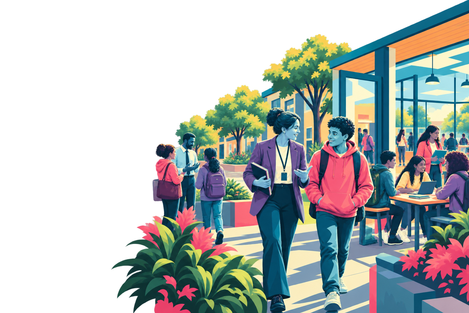 Illustration of a school leader walking and talking with a student on a vibrant school campus.