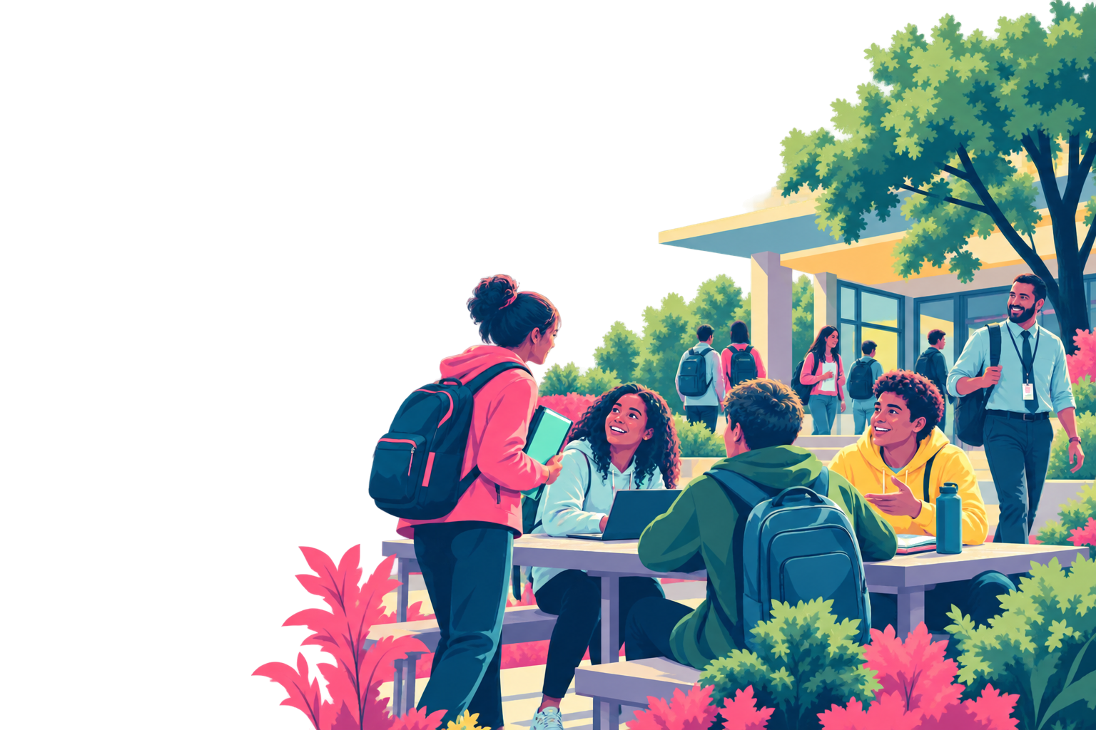 Illustration of students connecting around a table in a welcoming school community.
