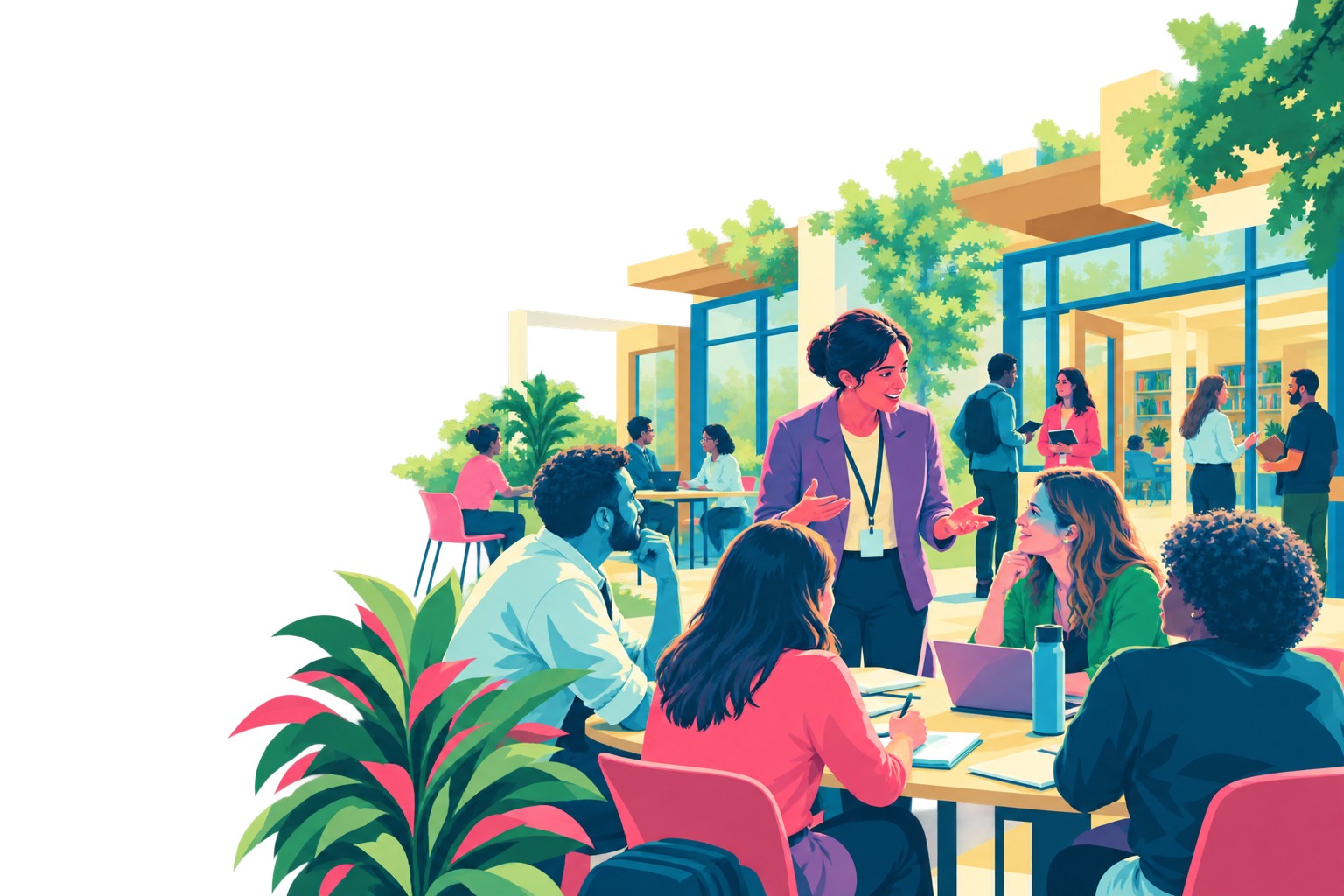 Illustration of a school leader communicating with a collaborative team on campus.