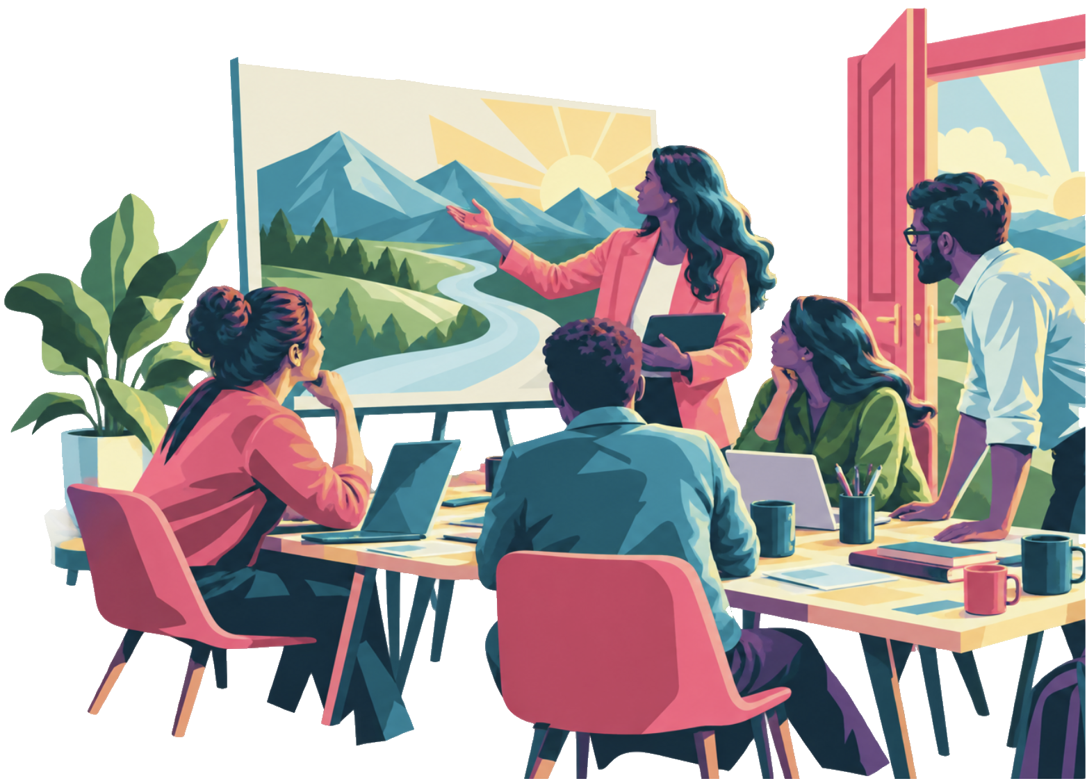 Illustration of an education team collaborating around a positioning and messaging presentation.