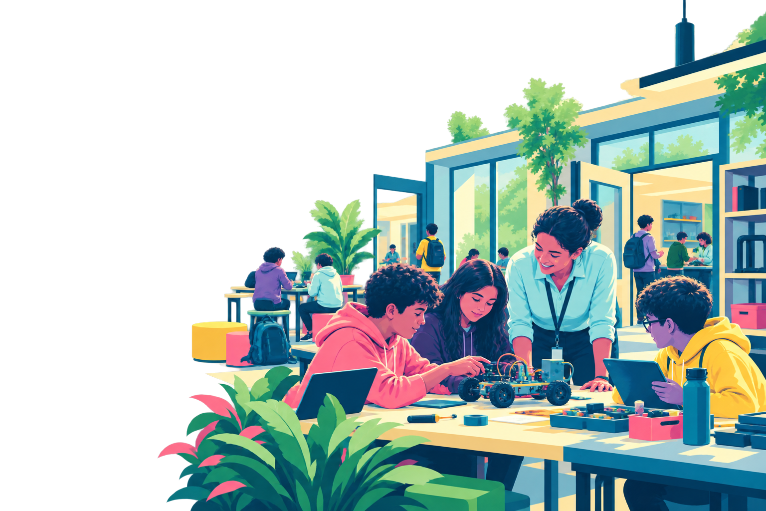 Illustration of students and an educator building a robotics project in a vibrant learning space.