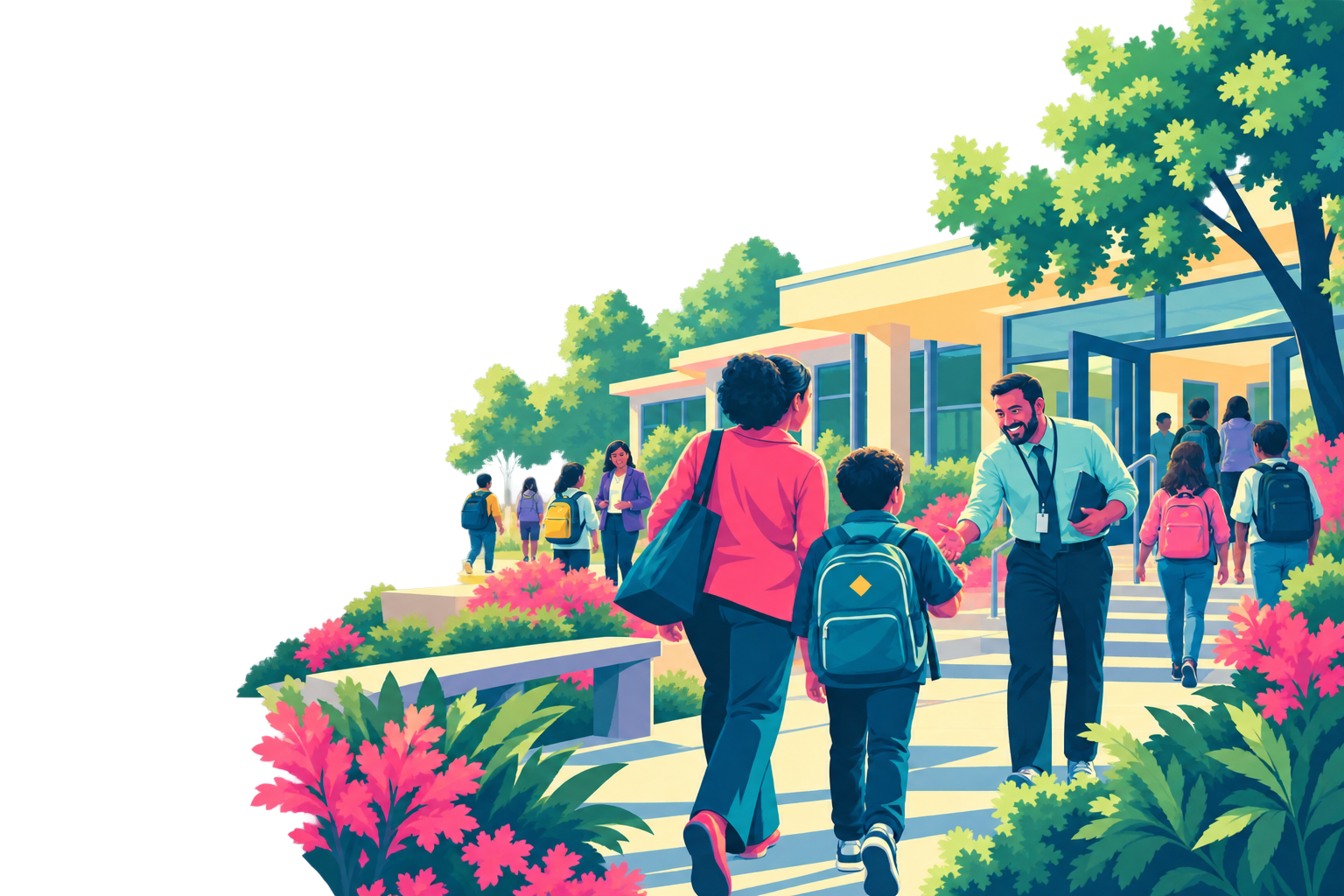 Illustration of a family being welcomed by a school leader at a vibrant school campus.