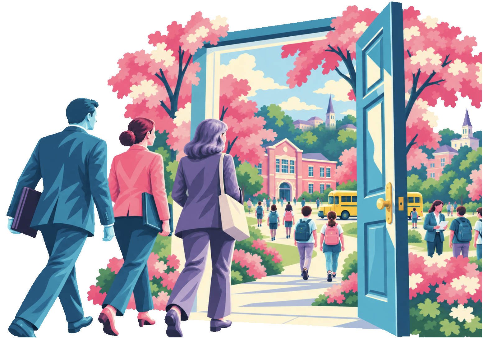Illustration of people walking through an open door toward a vibrant K–12 school community.