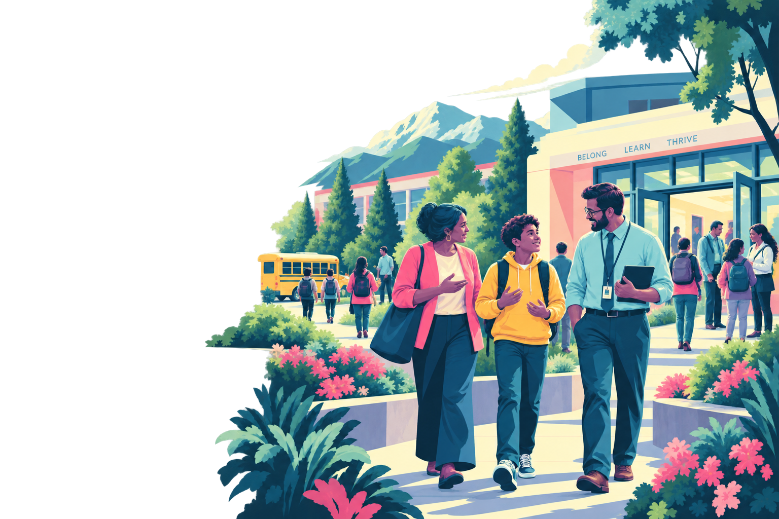 Illustration of a family, student, and school leader talking together outside a vibrant school campus.