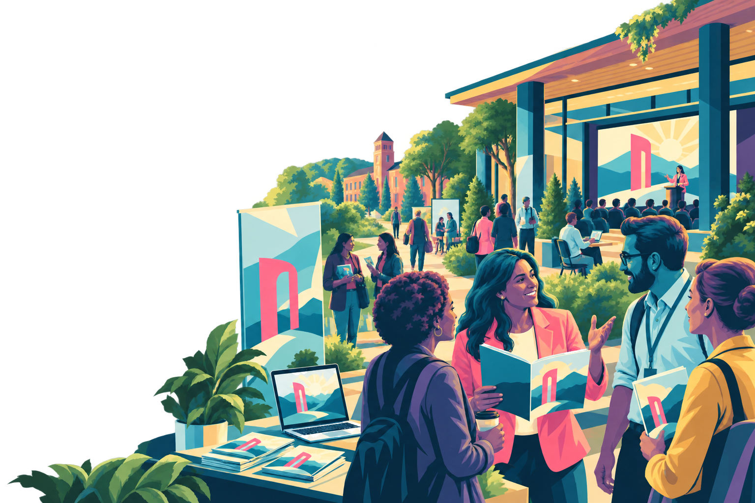 Illustration of education leaders gathering for a strategic communication presentation on a school campus.